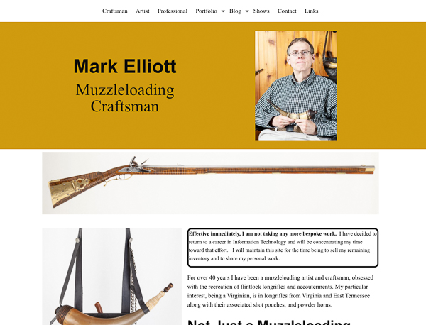 Home page showing a headshot of Mark Elliott and a flintlock longrifle he made