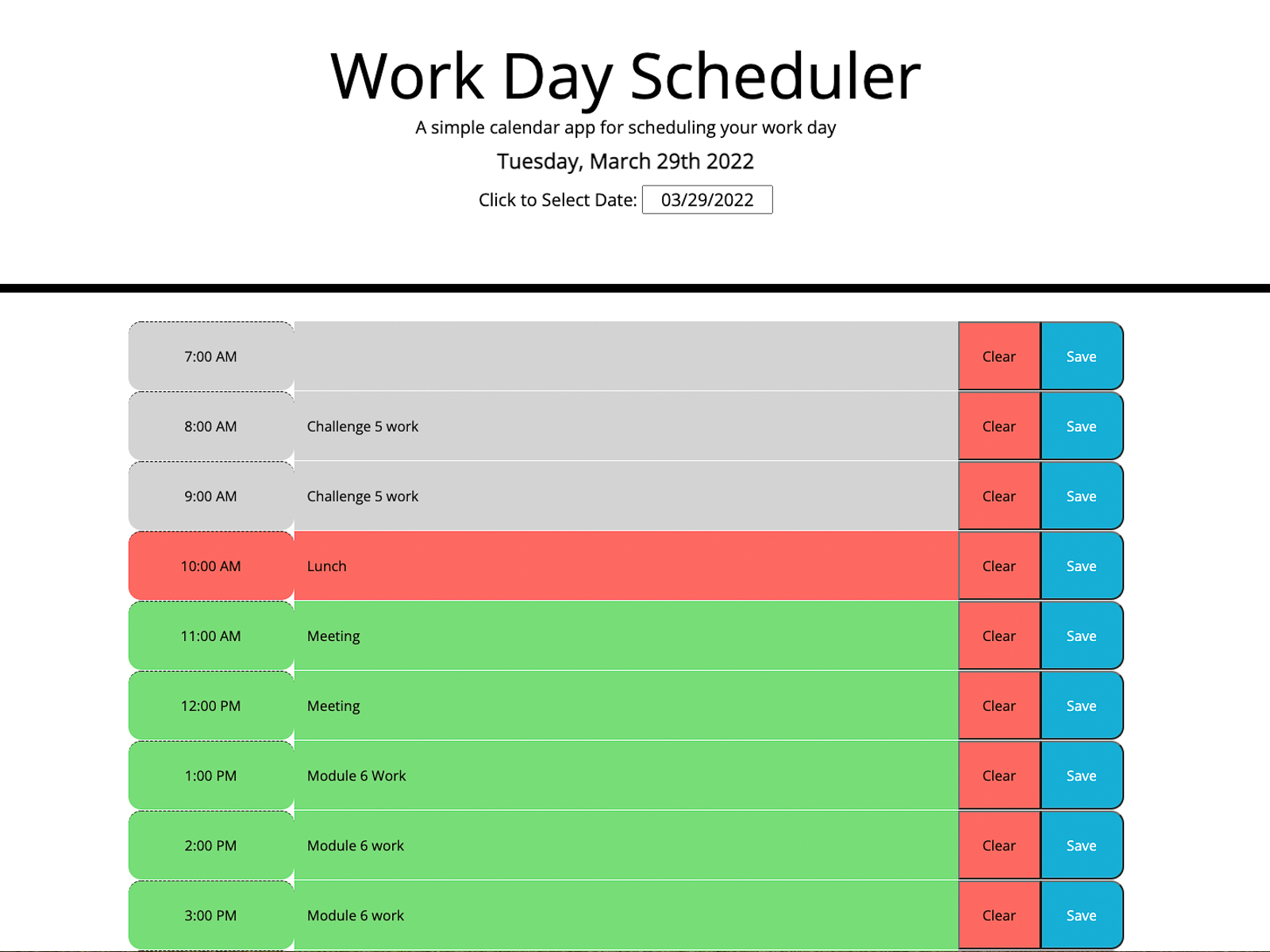 screenshot of Work Day Scheduler 1.0